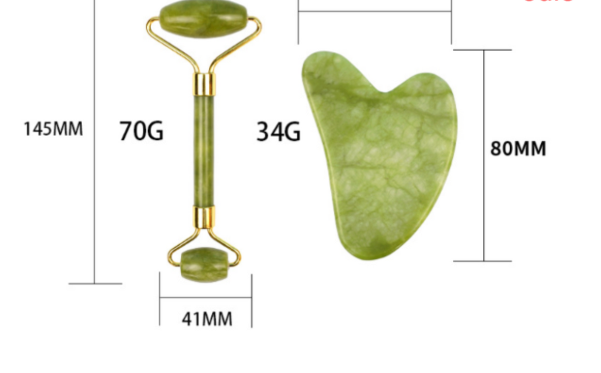 Green roller and gua sha tool diagram with separate dimensions and weights.