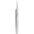 Angled stainless steel blemish extraction tweezer on a white background.