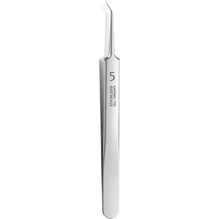 Angled stainless steel blemish extraction tweezer on a white background.