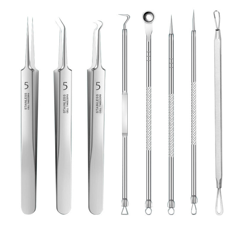 Three stainless steel tweezers and five double-ended blemish extraction tools.