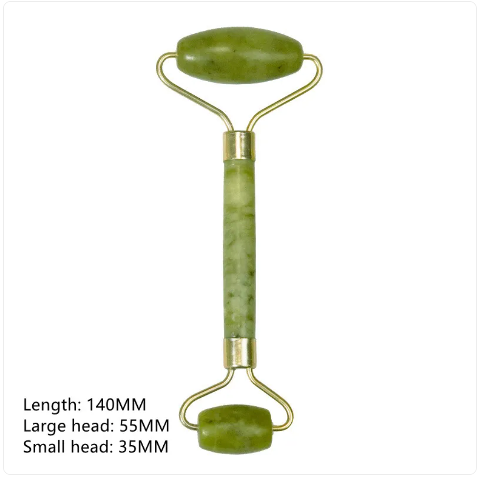 Green facial roller with two smooth roller heads and measurements.