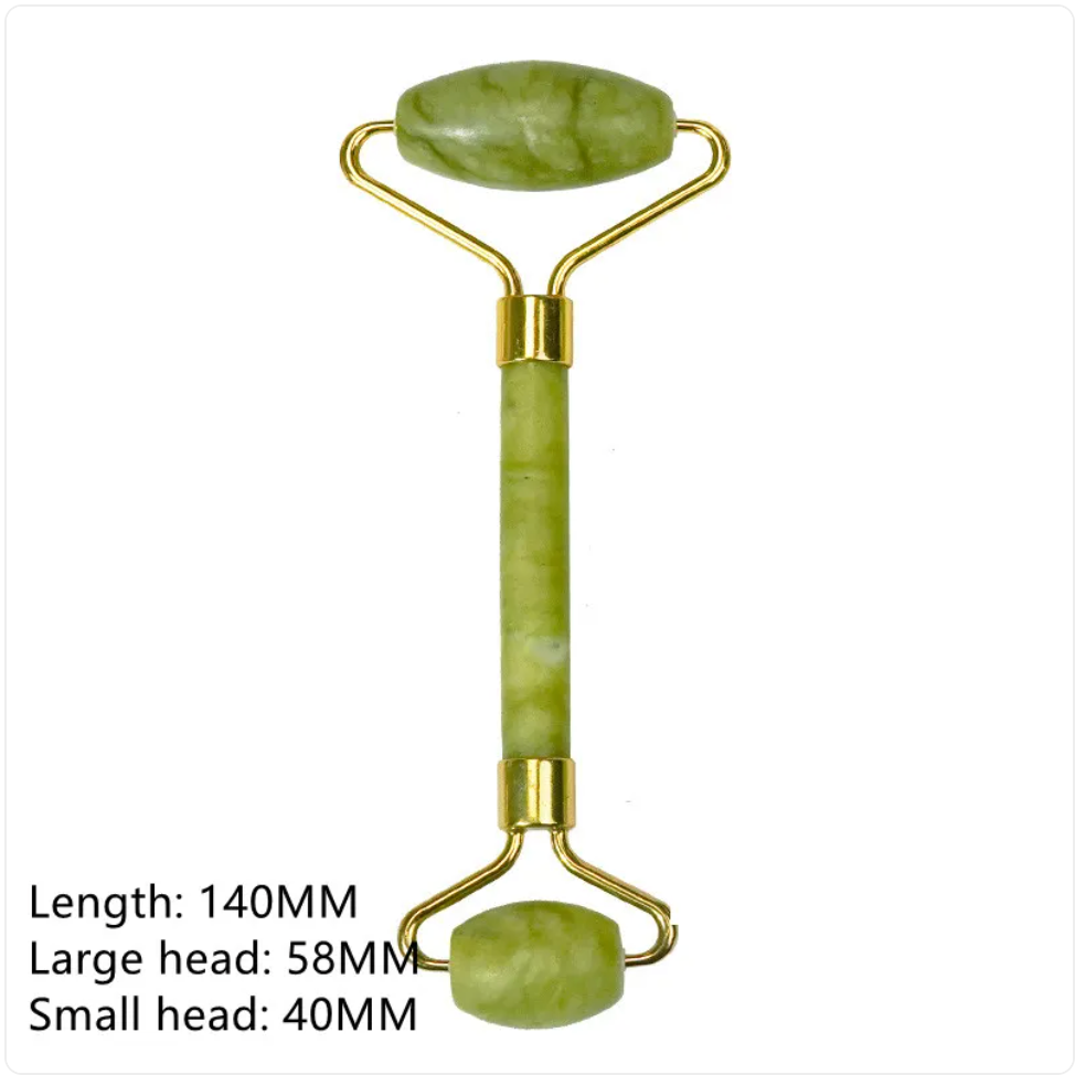 Green double-ended facial roller with gold-colored frame and dimension labels.