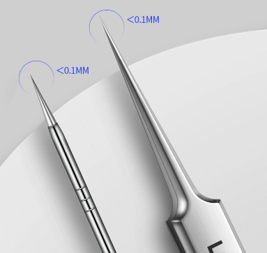 Close-up of pointed blemish extraction tool and tweezer tips.