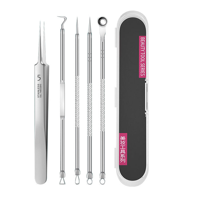 Straight tweezer and four extraction tools beside a black storage case.