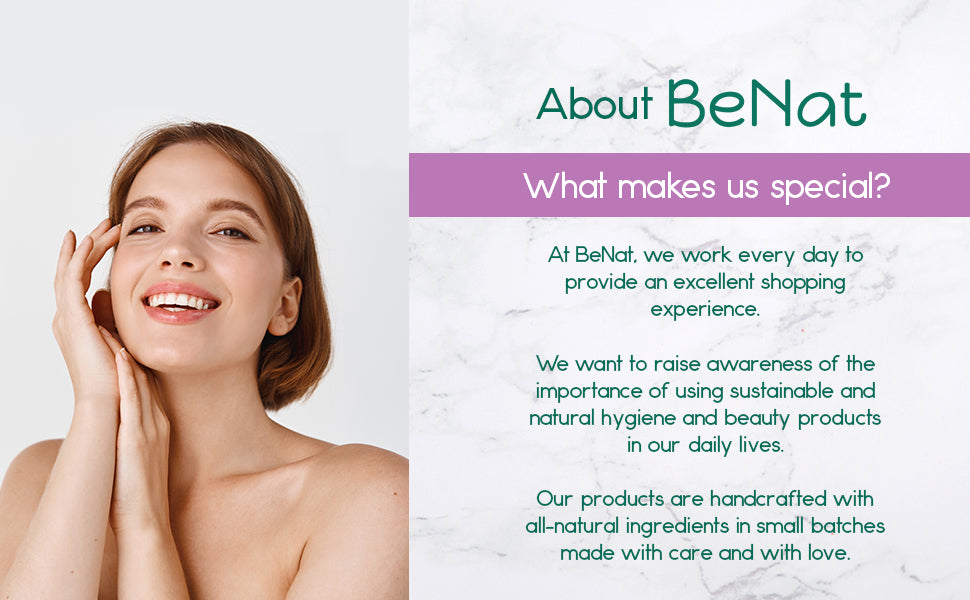 BeNat brand information graphic with a woman touching her cheek.