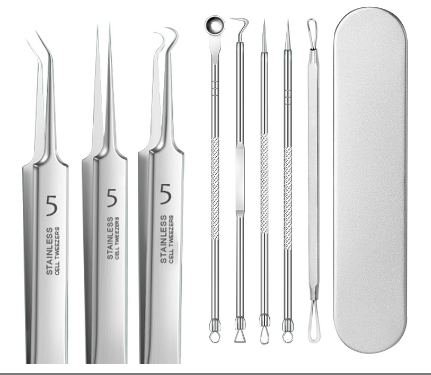 Stainless steel blemish extraction tweezers and loop tools beside a silver storage case.