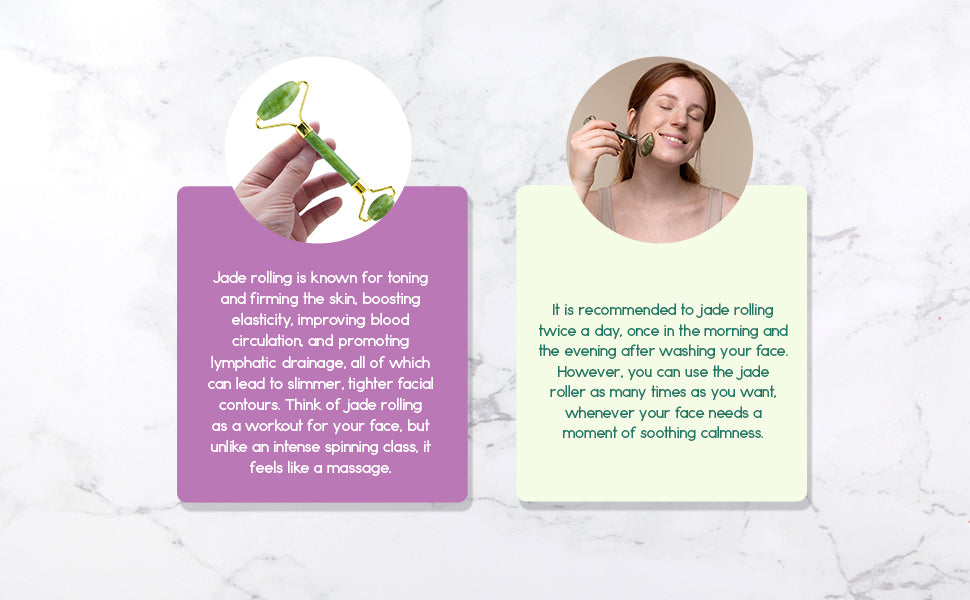 Jade roller usage graphic with a woman demonstrating facial massage.