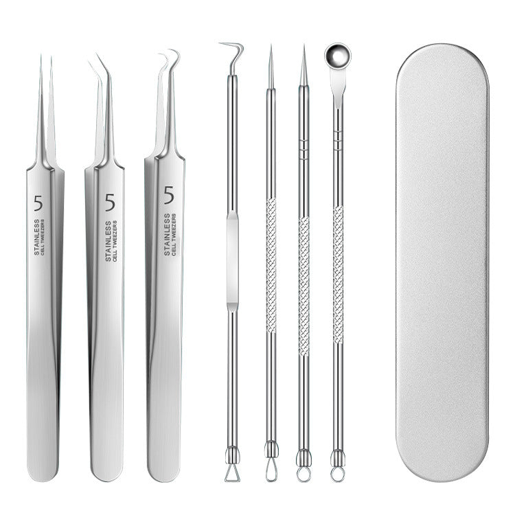 Seven stainless steel blemish extraction tools with a silver storage case.