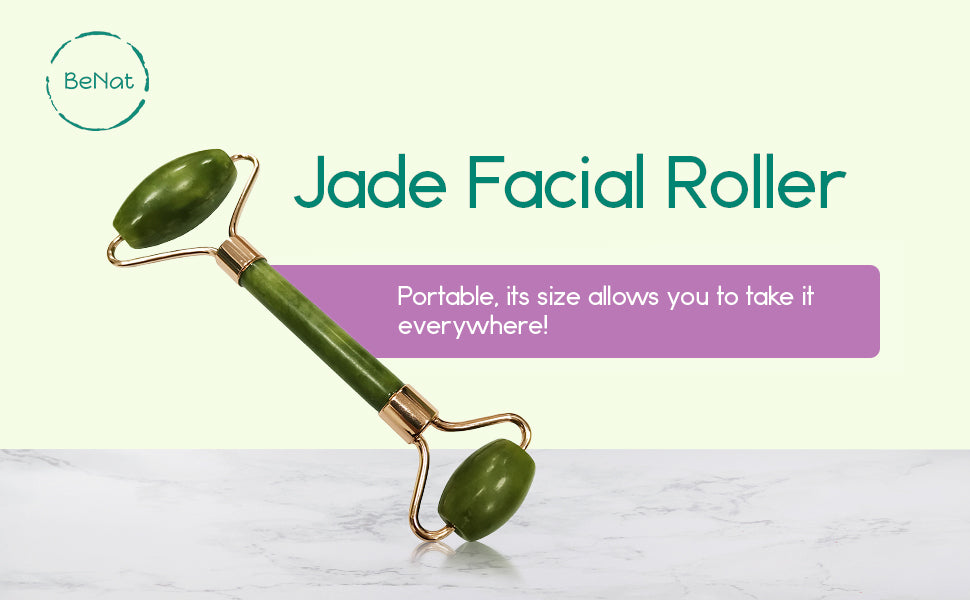 BeNat green jade facial roller on a pale green and purple product graphic.