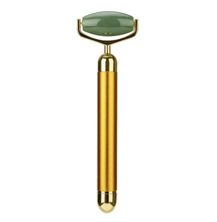Electric facial roller with a gold handle and green stone head.