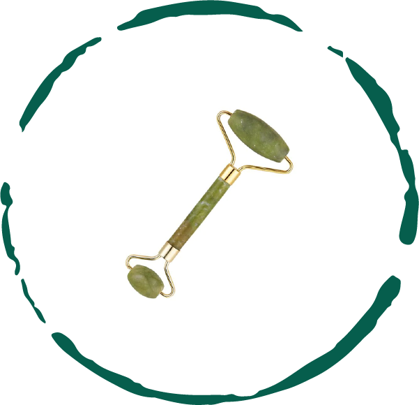 Green double-ended facial roller within a dark green circular border.