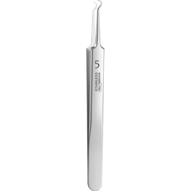 Hook-tip stainless steel blemish extraction tweezer.