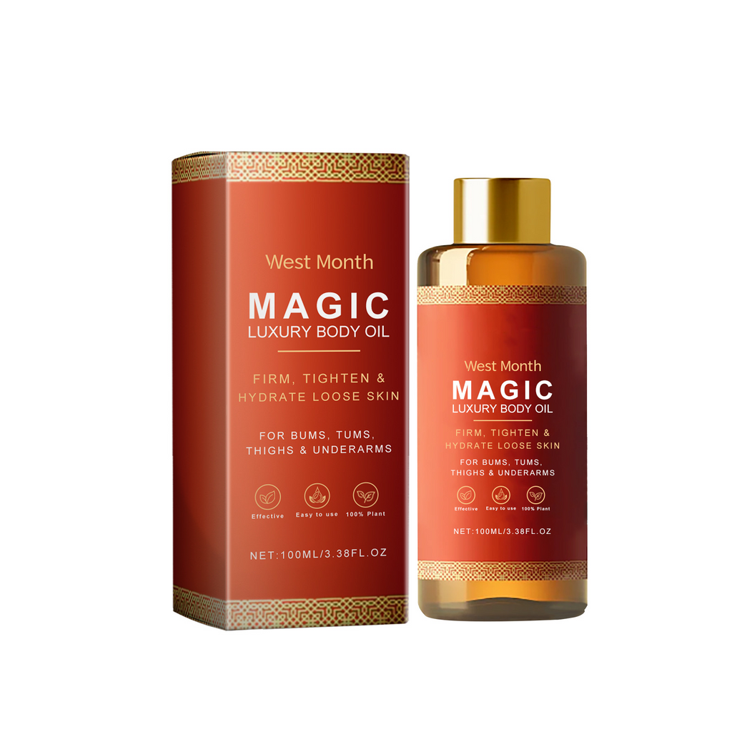 West Month Magic Luxury Body Oil single bottle with gift box packaging, front view