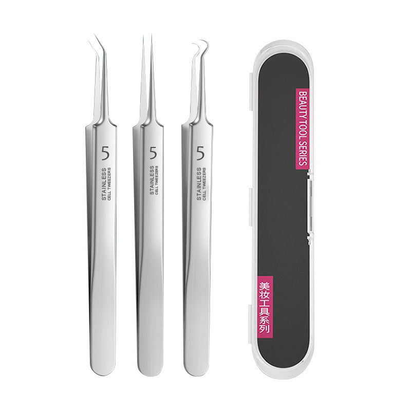 Straight, angled and hook tweezers beside a black storage case.