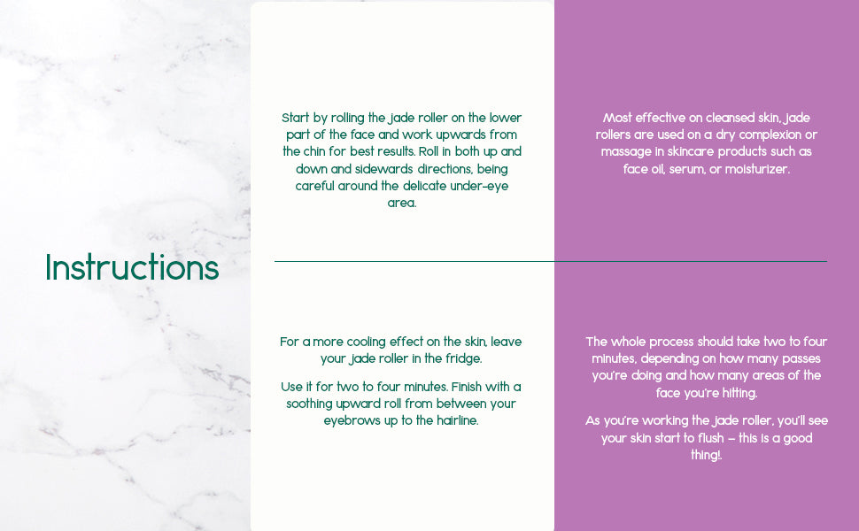 Jade facial roller instruction graphic describing rolling technique and cleaning.