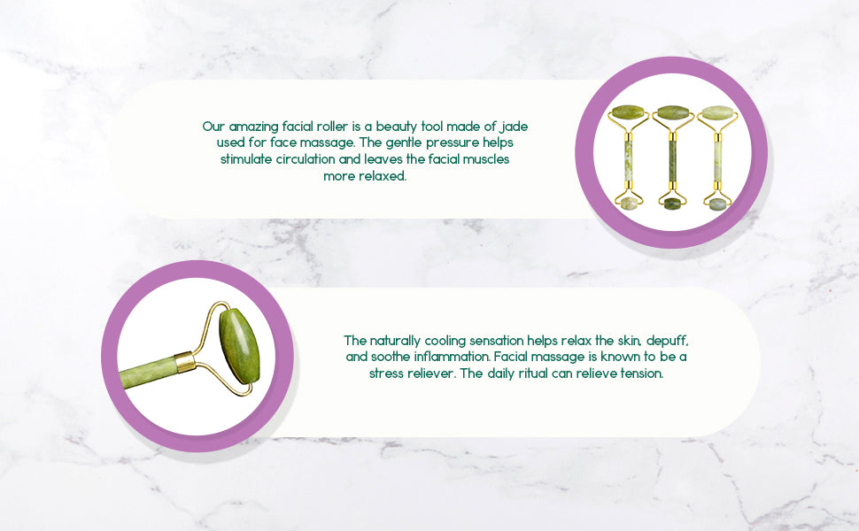 Jade facial roller feature graphic showing the roller and a three-view inset.