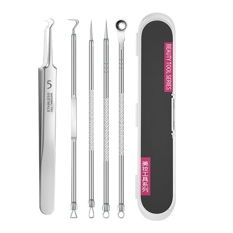 Hook tweezer and four extraction tools beside a black storage case.